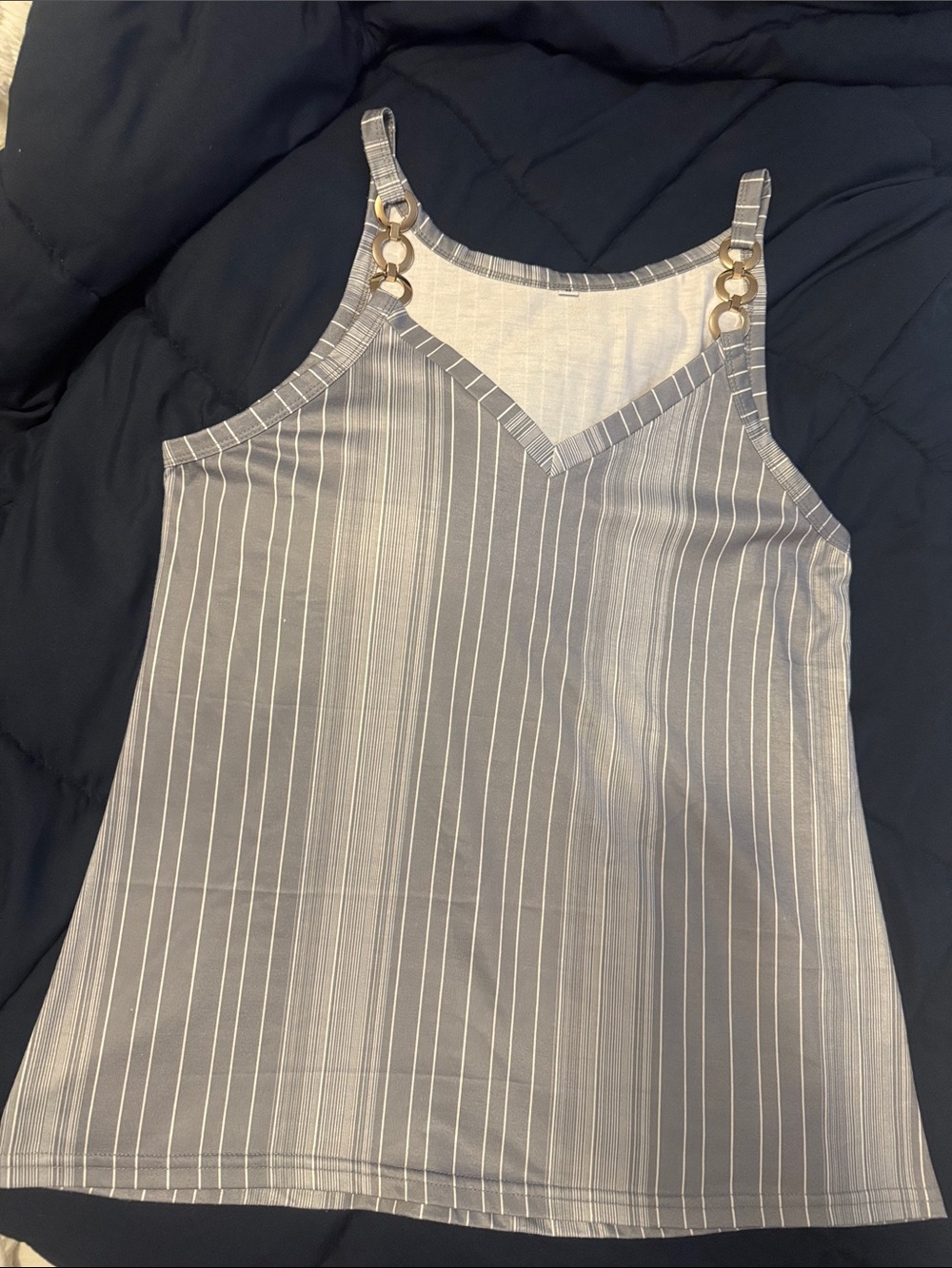 Striped V-Neck Ring-Detail Cami Top in Gray and White